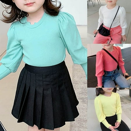 

MyBeauty Baby Girls Rib Long Puff Sleeve Irregular O Neck Spring Autumn Knitted Sweater Pink 140 cm