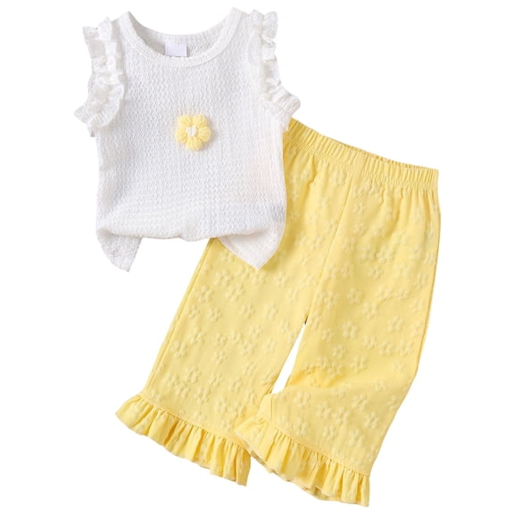Emitonse Toddler Baby Boy Girl Fall Clothes Winter Outfit Girls Knitted Floral Flower White Long Sleeved Top Pants Yellow,Size 12-18 Months