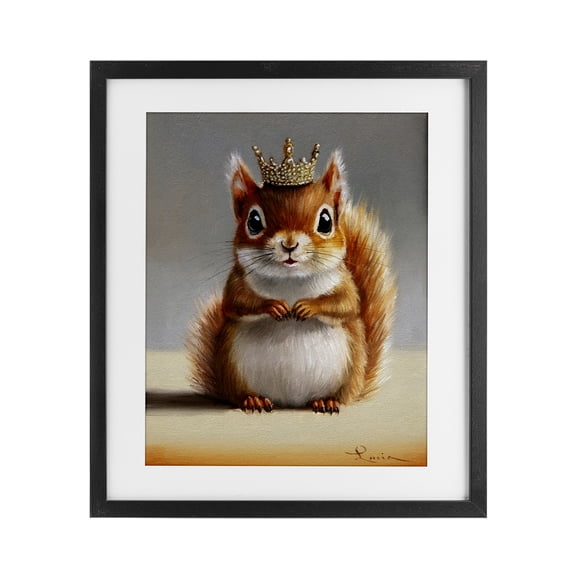 Fancy Crowned Squirrel Black Framed Print Under Glass, design by Lucia Heffernan