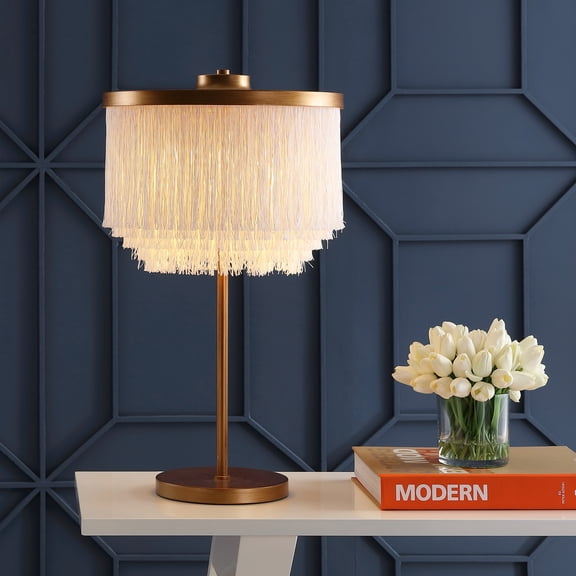 JONATHAN Y Coco 27.5" Fringed/Metal LED Table Lamp, Gold/White, JYL9045A