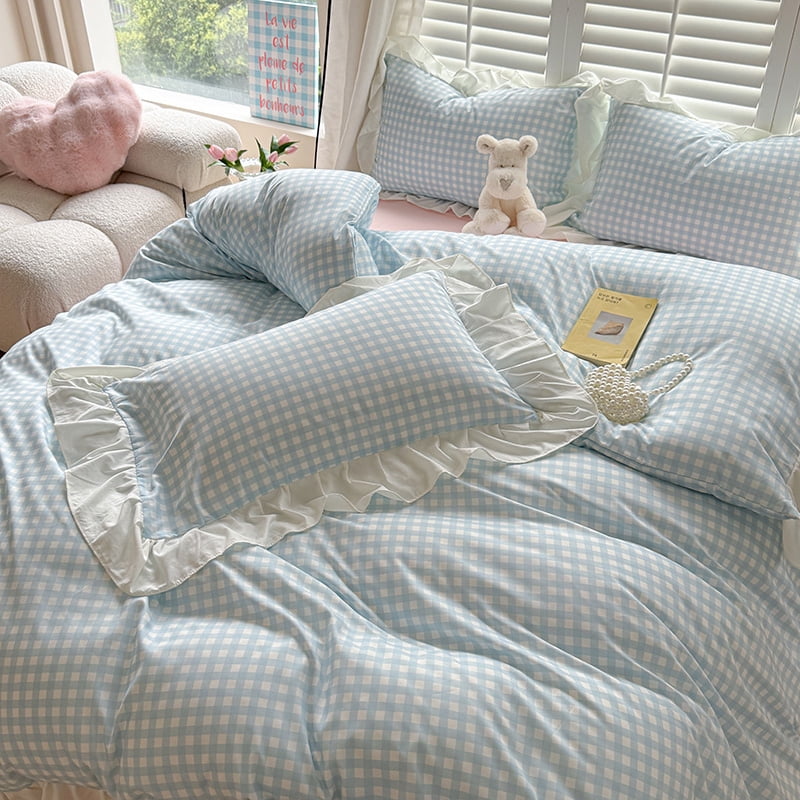 Blue Gingham Ruffle Duvet Cover Queen Size Comforter Cover Set Vintage Plaid Checkered Farmhouse Bedding Set 89"x89" 3 Pieces