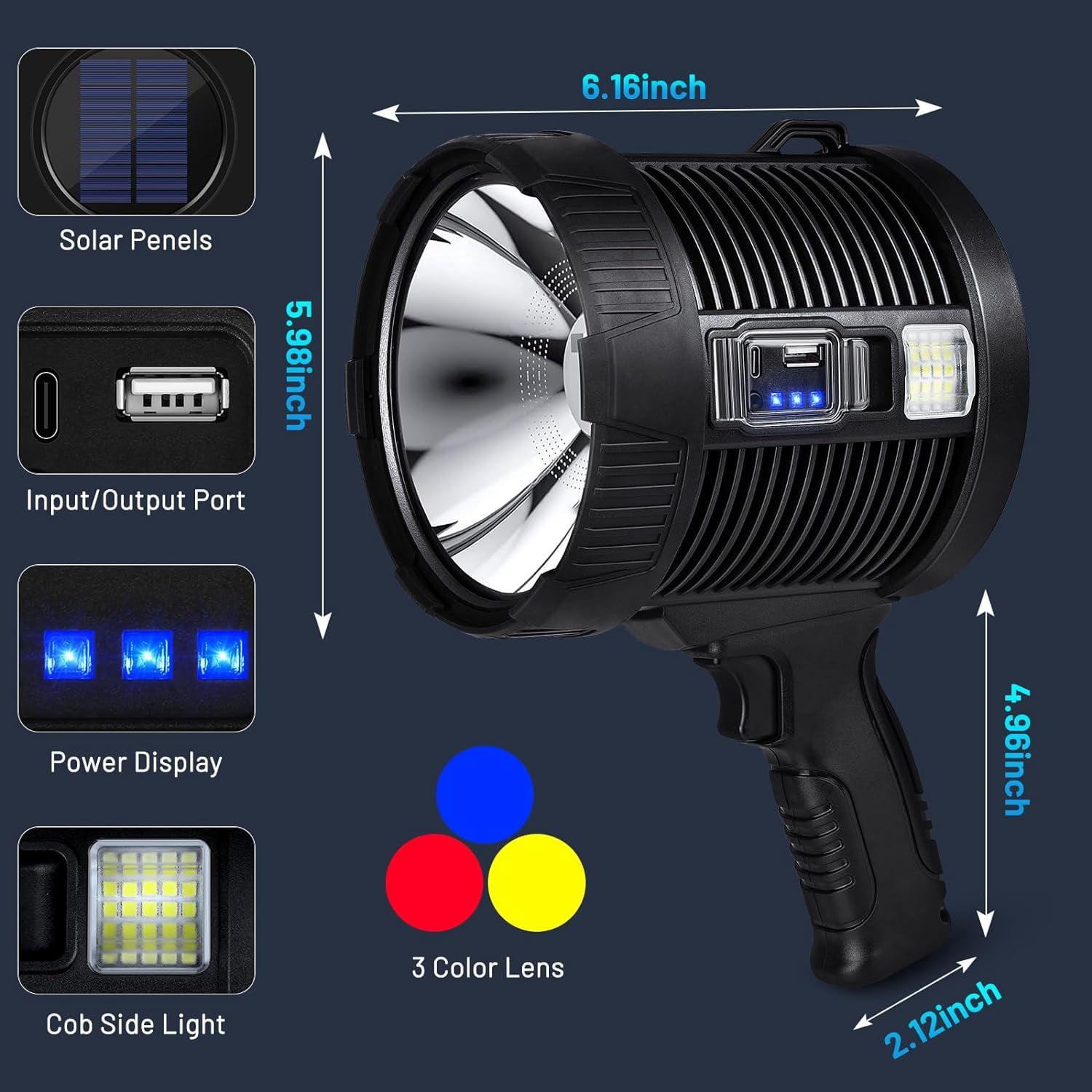 Spotlight Flashlight Outdoor, 900,000 Lumen Brightest Rechargeable Spotlight with Solar Panels &amp; 6 Modes, Powerful LED Spotlights 30H Long Runtime, Large Handheld Spot Light for Boating Hunting