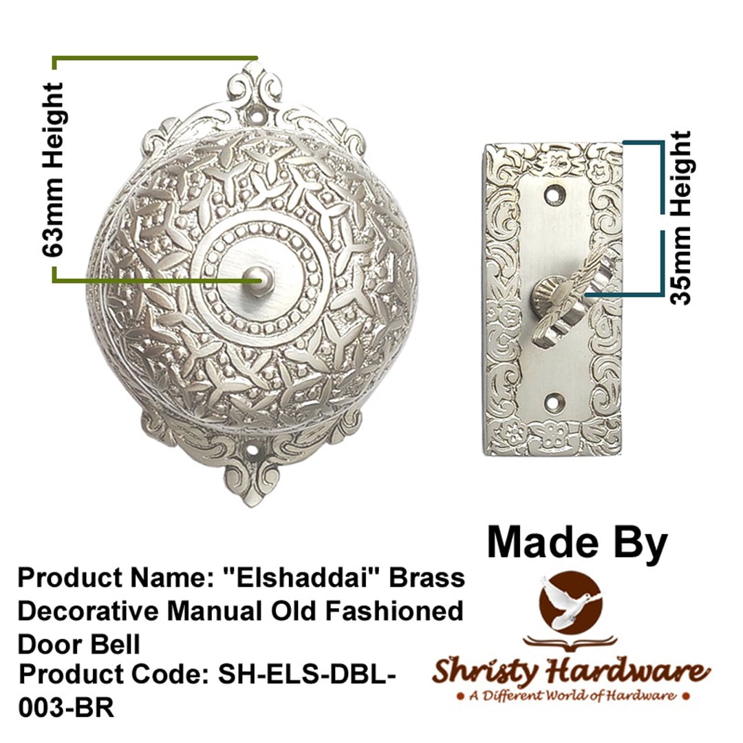 Shristy Hardware "Elshaddai" Brass Manual Old Fashioned Door Bell – Vintage Twist Bell with Key Plate – Mechanical Doorbell for Home – (Pack of 1 Satin Nickel Finish)