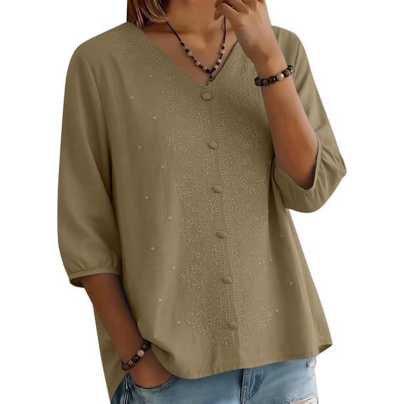 Womens Tops 3/4 Sleeve Cotton and Linen V Neck Embroidered Casual Loose Top Fashion Shirt