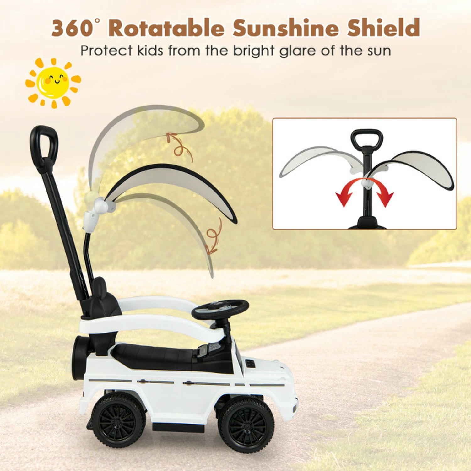 Lowestbest Kids Toddler Trolley, Kids Electric Car, 3-In-1 Kids Ride on Mercedes Benz G350 Push Car with Canopy,White