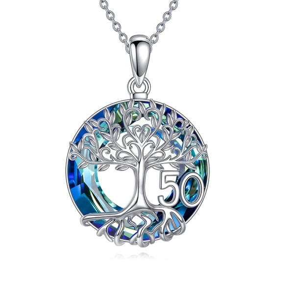 50th Birthday Gifts for Women 925 Sterling Silver Tree of Life Pendant Necklace with Blue Crystal Jewelry Gifts for Mother Grandma