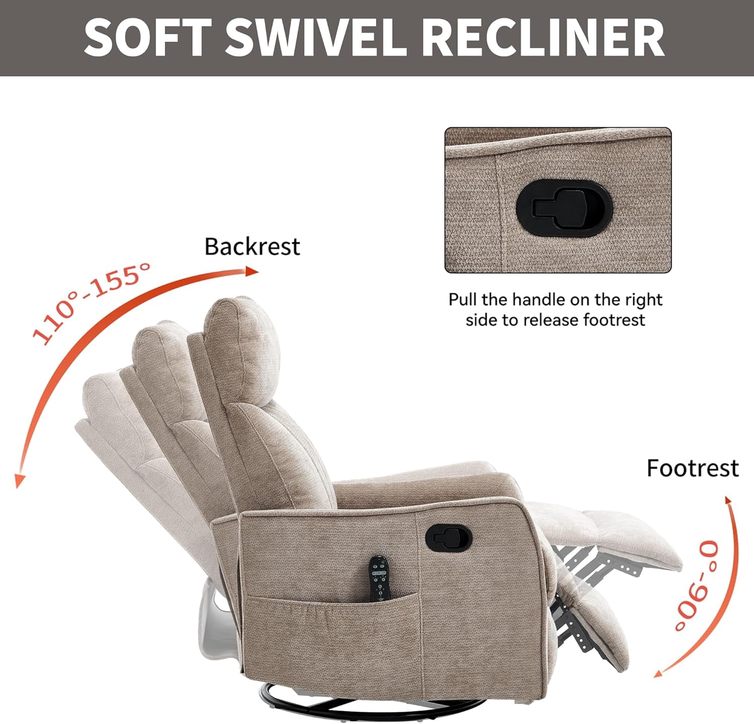 High Back Manual Recliner Chair with Heat & Massage, Swivel Rocker for Living Room Bedroom, khaki