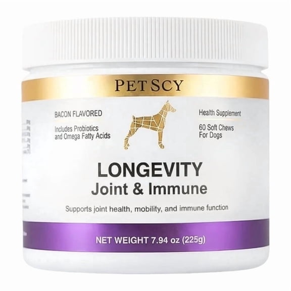 Petscy Longevity Hip and Joint, Immune Support Chews for Dogs – 3.75g Chew – High Dose Glucosamine, MSM, Chondroitin, Green Lipped Mussel, Omega 3, Probiotics – 60 Chews (Small & Medium Dogs) – 1 Pack