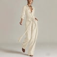 thumbnail image 4 of TEAJOPSUU Women's 2 Pcs Outfits Long Sleeve Button Front Collared Belted Shirts Loose Wide Leg Pants with Pockets Flowy Solid Mathcing Sets Women Clothing Beige, 4 of 8