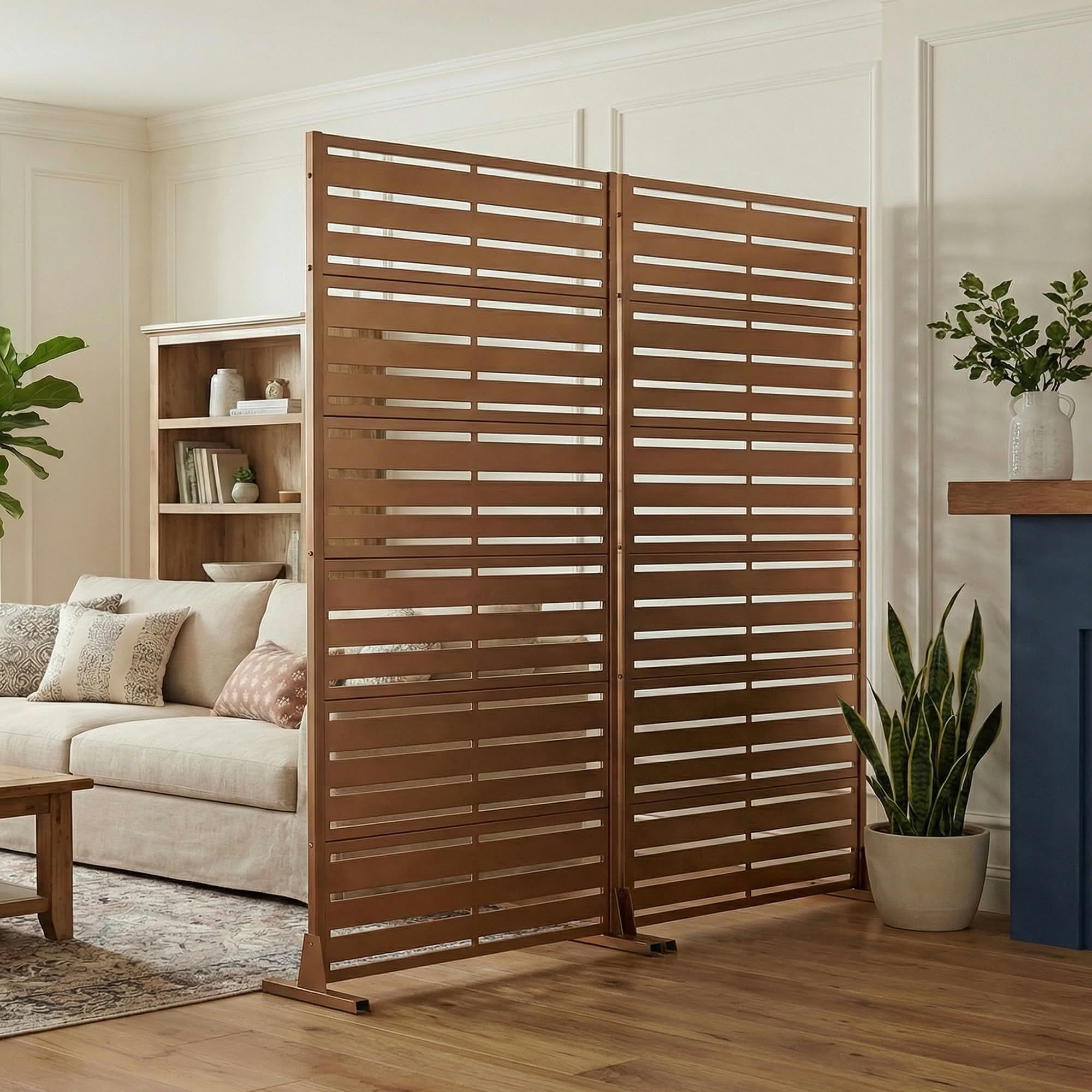 MAYEERTY 2-Piece 72"x35" Freestanding Privacy Fence, 6-Panel Brown Galvanized Steel Screen, Wide-1 Narrow-2 Slats for Outdoor Yard