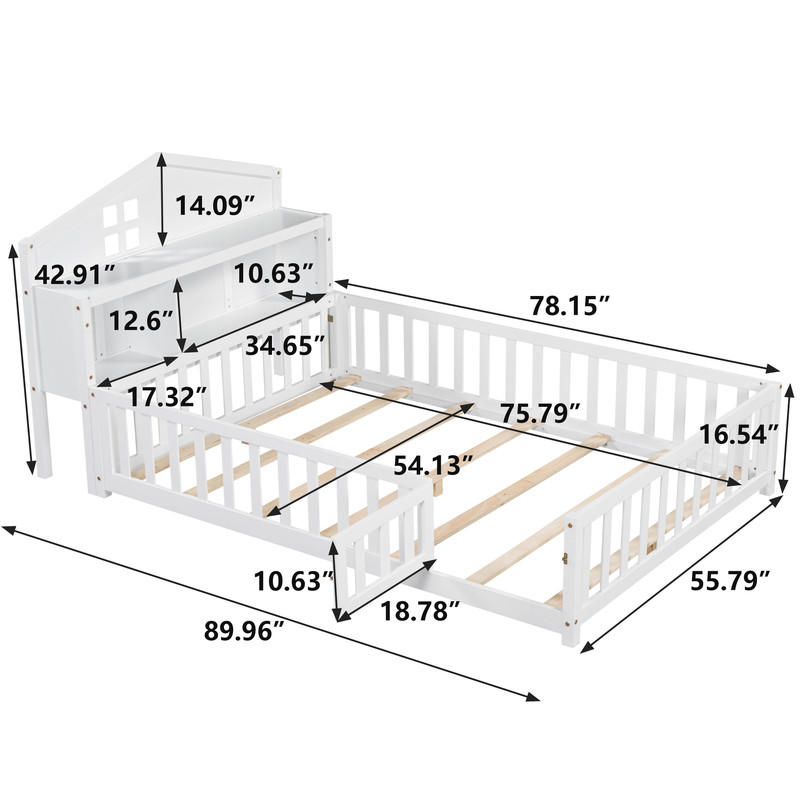 Bellemave Full Size Montessori Bed with Bookcase,Wooden Floor Bed with Fence Rails and Door, Full Playhouse Beds with Storage Headboards, No Box Spring Needed (White)