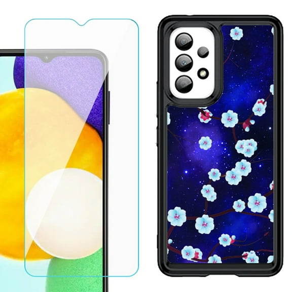 Shockproof Bumper (Black Frame) phone Case for Samsung Galaxy A23 5G, with Tempered Glass Screen Protector, by OneToughShield ® - Blossom Stars