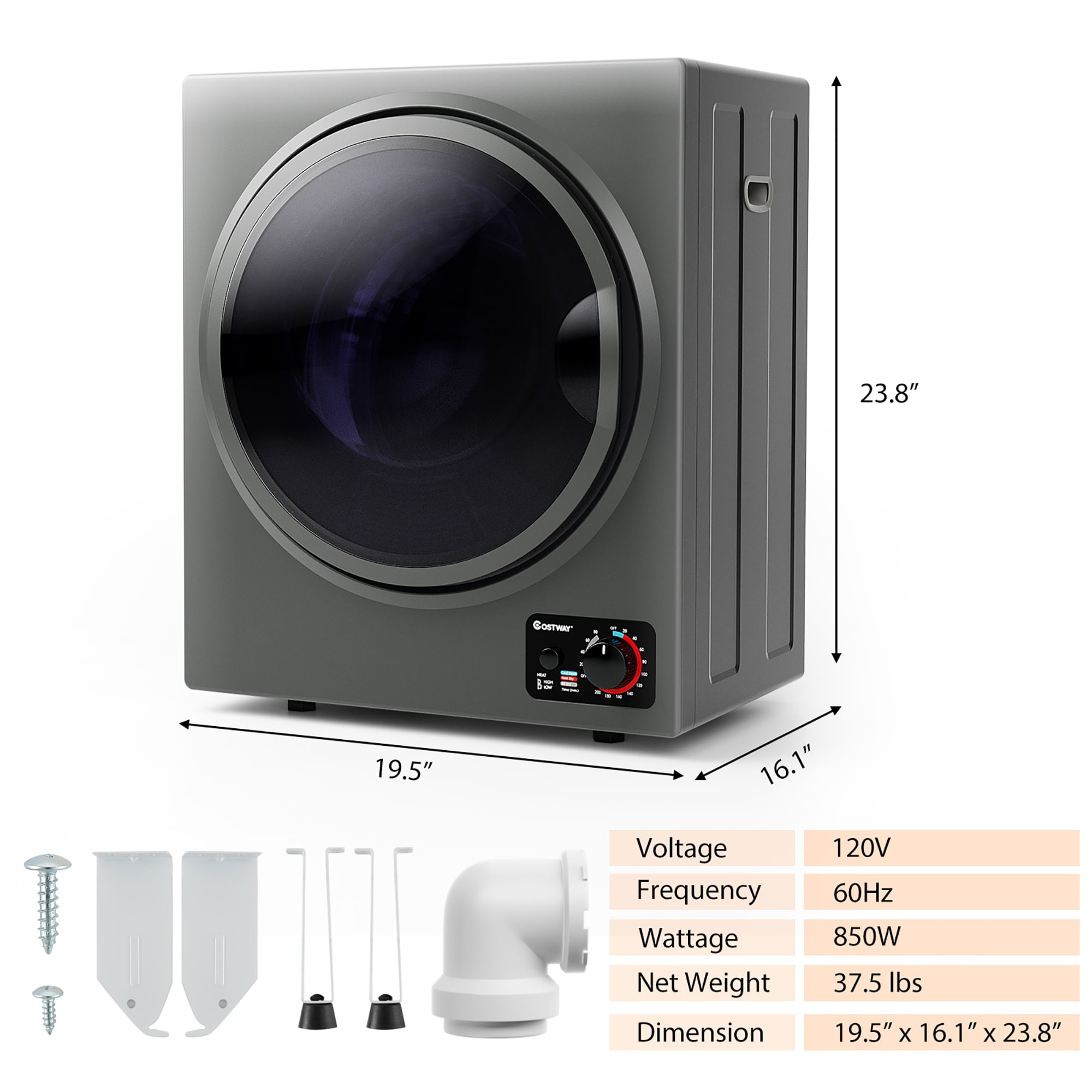 Costway Electric Tumble Compact Laundry Dryer Stainless Steel Wall Mounted 1.5 cu .ft.