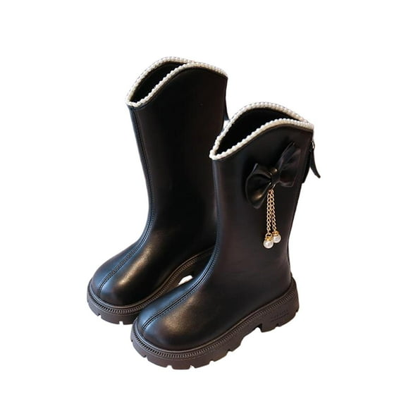 NAISIBABY Girls Mid-Calf Riding Boots, Back Zipper Waterproof Non-Slip Winter Faux Leather Princess Boots Black 13(Little Kids)