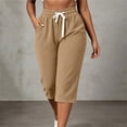 thumbnail image 2 of Ruimatai Women Capri Cropped Pants High Waist Drawstring Elastic Waistband Side Pockets Ribbed Textured Loose Casual Summer Trousers, 2 of 9