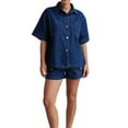 thumbnail image 3 of Womens 2 Piece Outfits Short Sleeve Button Down Crop Blue Jean Shirts High Waist Denim Shorts Sets Dark Blue M, 3 of 9