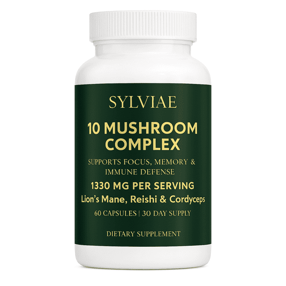 SYLVIAE Mushroom Complex 1330mg 10 Mushroom Blend with Lions Mane Reishi Cordyceps Brain Focus Immune and Energy Support 60 Capsules