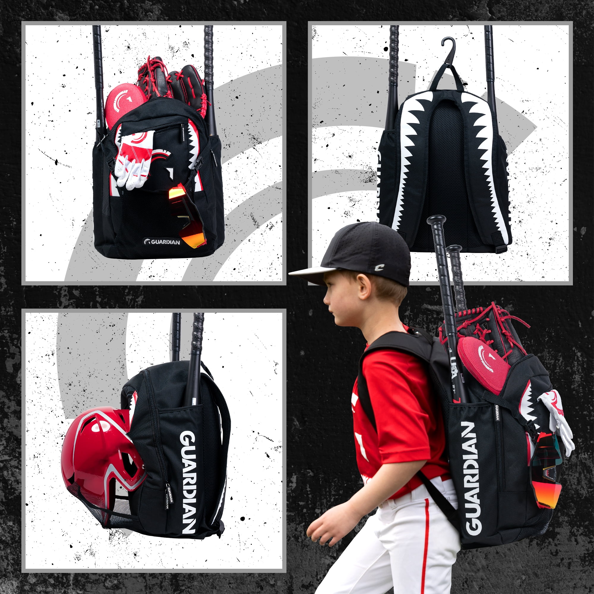 Guardian Baseball Backpack for Youth, Softball Bag for Girls, Durable Bat Bags Baseball Youth Boys and Girls, TBall Bag – Includes Hook to Hang on Fence - Black Shark