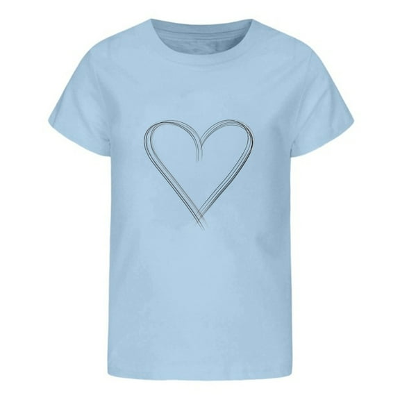 Tisuna Girls Short Sleeve Shirt Child Heart Print Crew Neck Pullover Tops Comfortable Leisure Kids Summer Casual Outfits Light Blue Size 3-4 Years