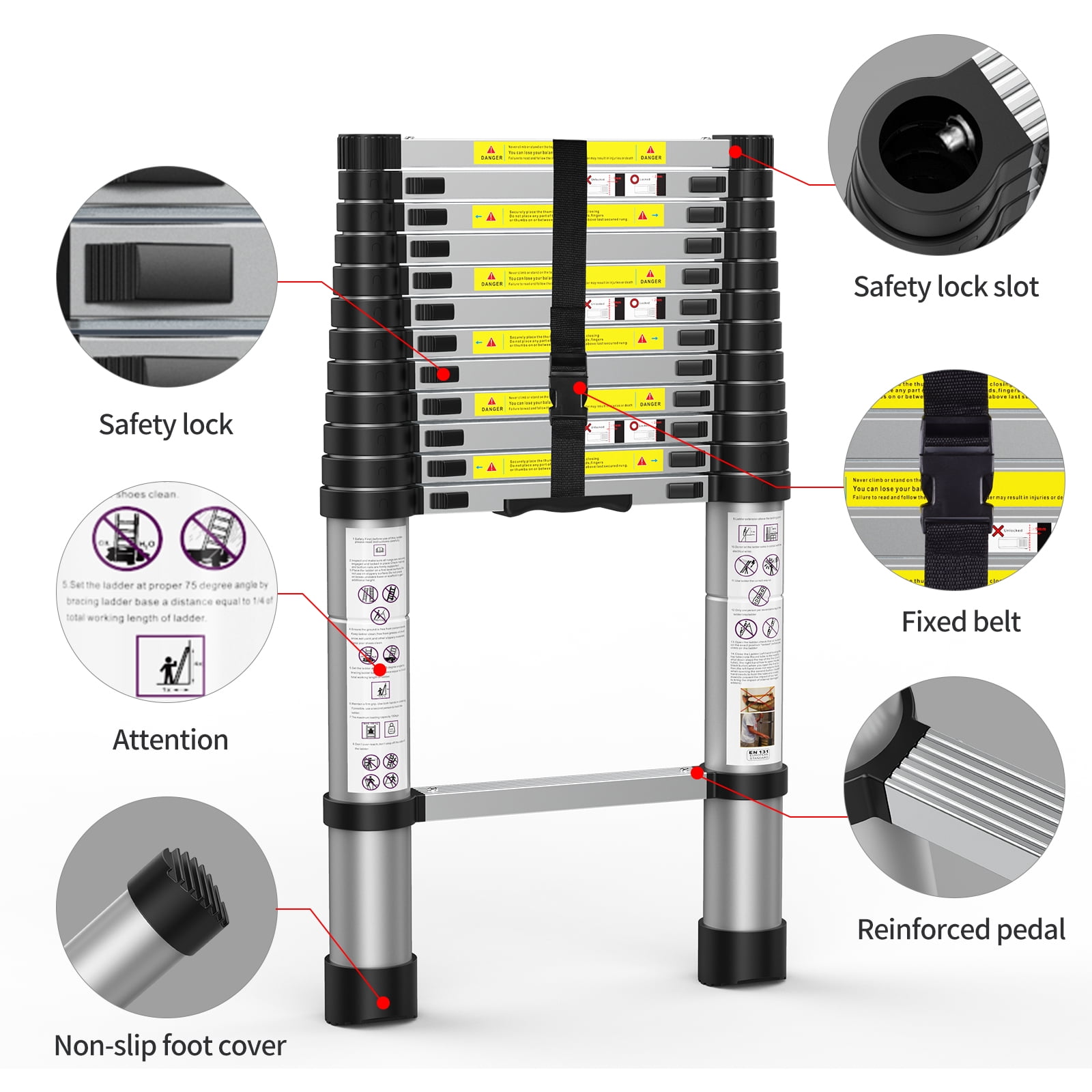 BOWEITI 12.5 FT Telescoping Aluminum Extension Ladder with 2 Triangle Stabilizers, Heavy Duty 330lbs Max Capacity, Multi-Purpose Collapsible Ladder for RV or Outdoor Work