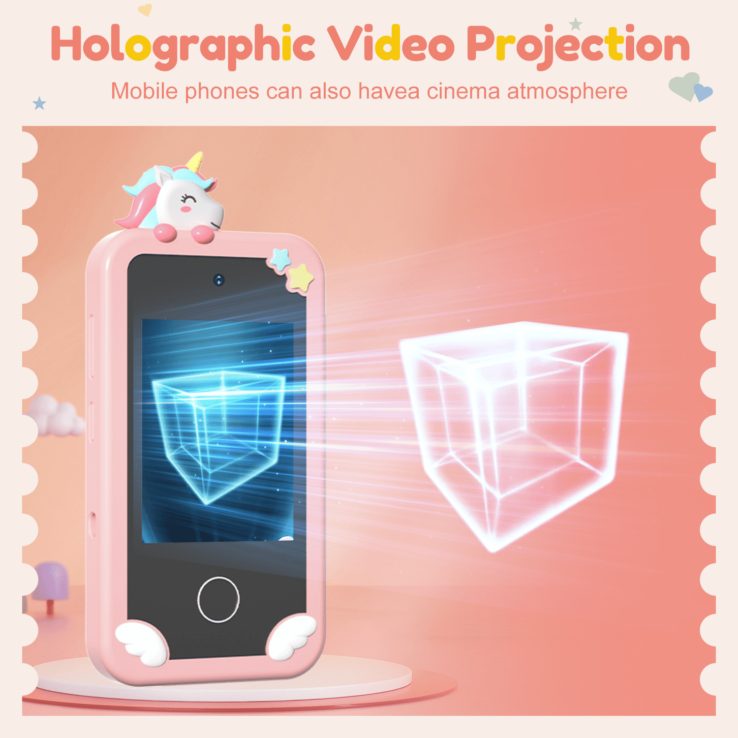 Merryhome Kids Smart Phone with Holographic Pyramid, 32G Card Christmas Birthday Gifts for Age 3-10 Kids Toys Cell Phone, 2.8" Touchscreen Toddler Learning Play Toy, Dual Camera, Music Player