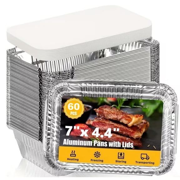 60 Pack 7.4 x4.4in Foil Pans with Lids, Aluminum Foil Baking Pans, Tin Foil Meal Boxes Disposable, Chafing Trays & Oven Steam Table Pans, Perfect for Baking, Cooking, Barbecues, Family Gatherings