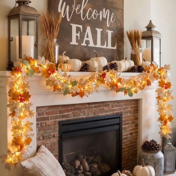 Scidweet Fall Garland with Lights, 9 FT 40 LED Artificial Autumn Maple Leaves Garland Indoor Outdoor Fall Decorations for Home Table Party Fireplace Porch Thanksgiving Harvest Decor