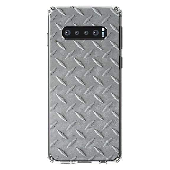 DistinctInk Clear Shockproof Hybrid Case for Samsung Galaxy S10  PLUS(6.4" Screen) - TPU Bumper, Acrylic Back, Tempered Glass Screen Protector - Grey Diamond Plate Steel Image - Printed
