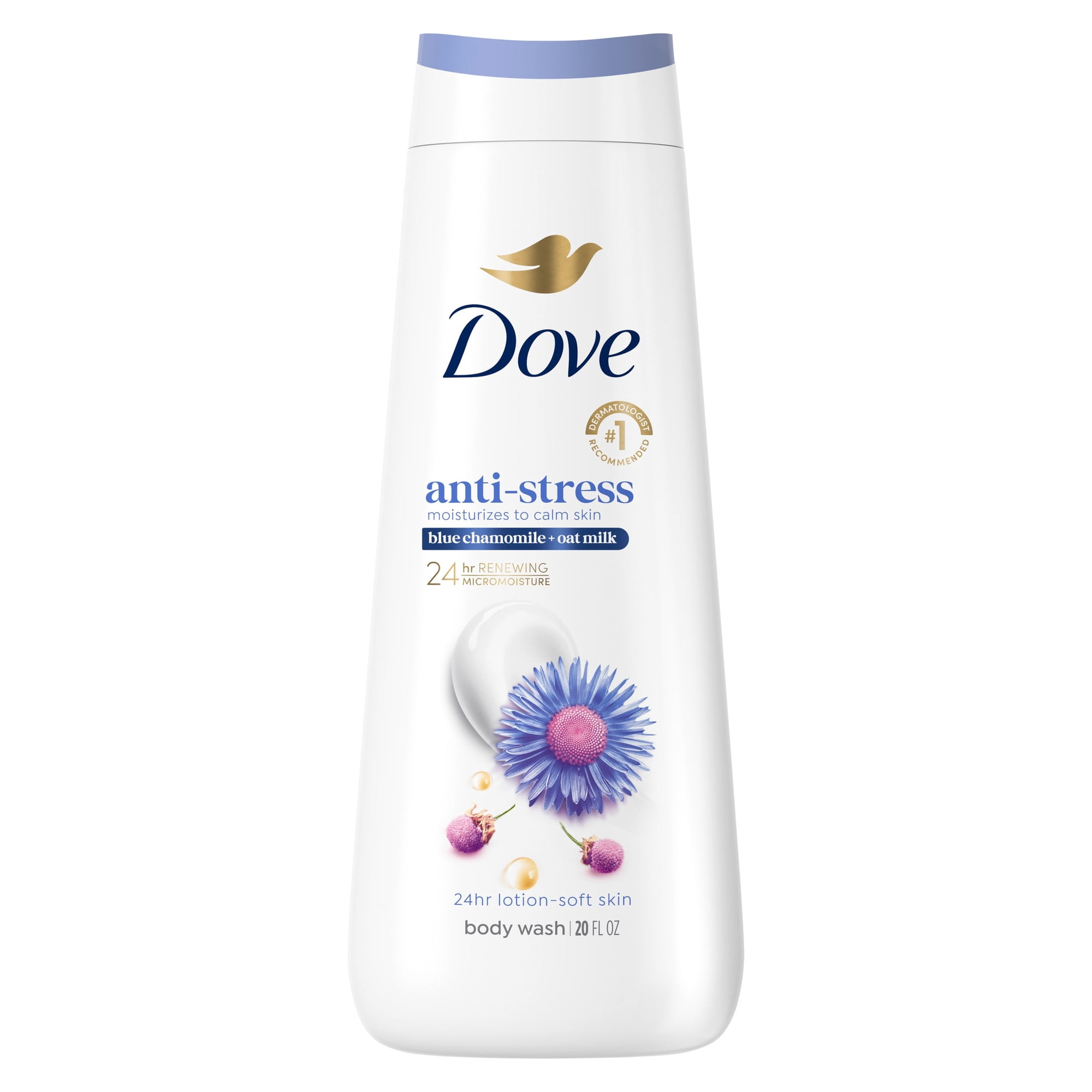 Dove Body Wash For 24hr Lotion-Soft Skin Anti-Stress Blue Chamomile & Oat Milk Moisturizing Skin Cleanser With No Sulfates No Parabens ,20 fl oz