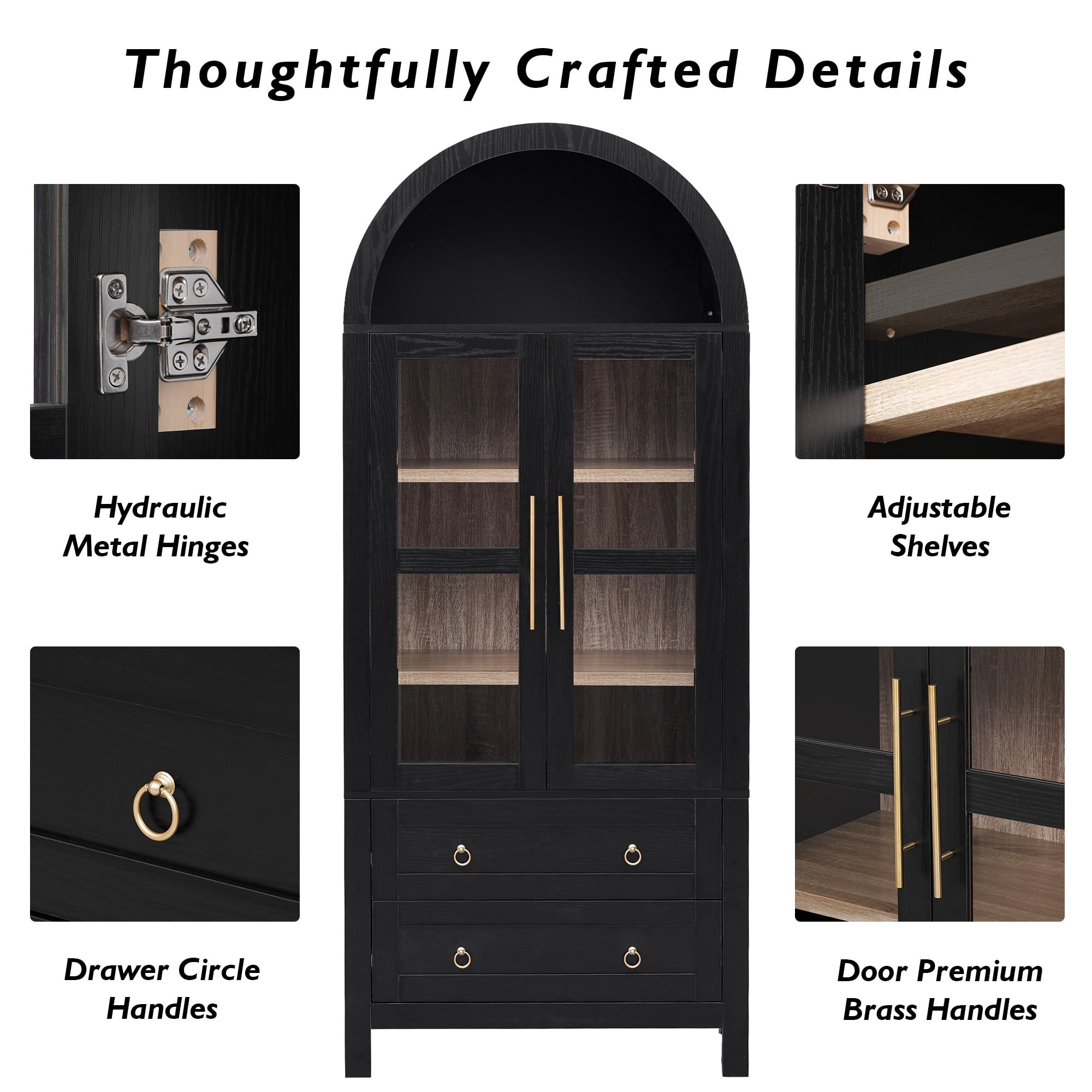 DEALTOPS Freestanding 71" Kitchen Pantry Cabinet with Arched Top, Adjustable Shelves and 2 Large Drawers, Black