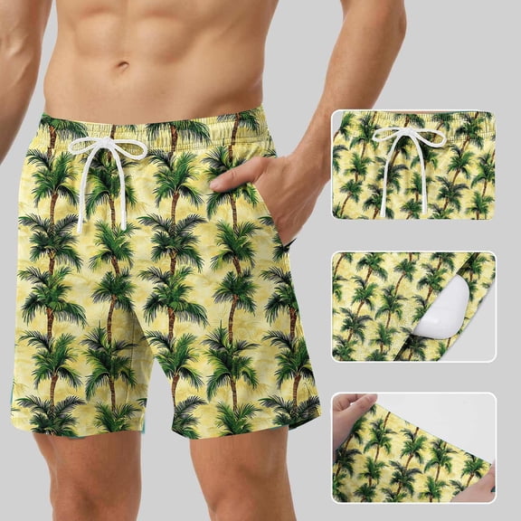 hlysgo Mens Swim Trunks with Liner Trendy Hawaiian Graphic Surfing Board Shorts with Pockets 9 Inch Swim Trunks Summer Beach Shorts Yellow XXL