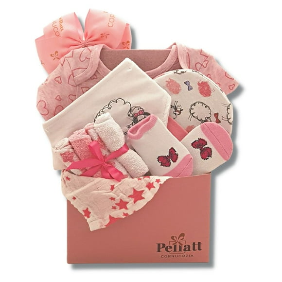 A Little Love Baby Girl Gift Basket with Cotton Onesie, Swaddling Blanket, Hat, Socks, Non-Scratch Mittens and Washclothes