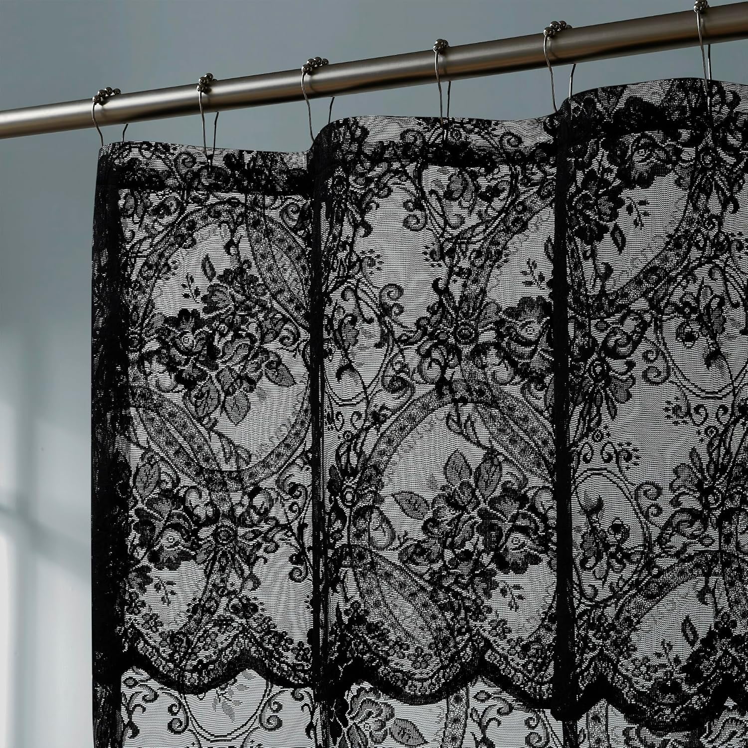 72 Inch Black Gothic Vintage Shower Curtain with Matching Valance. SH Black 72