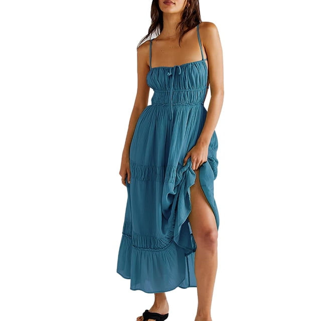 ZAXARRA Women Sleeveless Beach Dress Ruffled Hem Summer Backless Party A-Line Dress for Cocktail Beach Streetwear