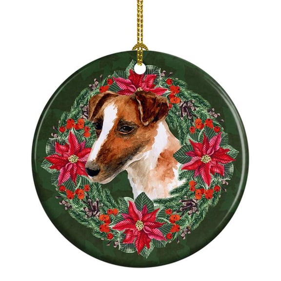 Smooth Fox Terrier Poinsetta Wreath Ceramic Ornament 2.8 in x 2.8 in