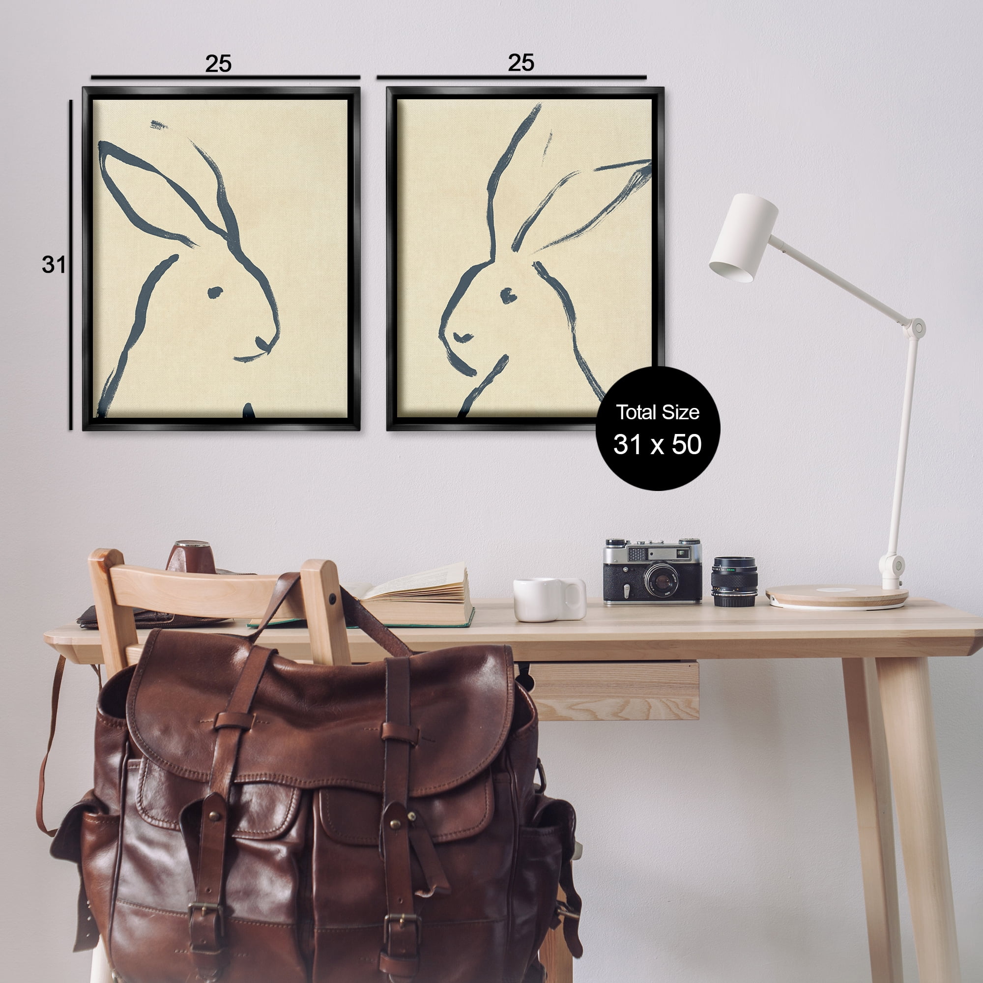 Stupell Industries Minimalist Rabbit Line Portrait Animals Drawing Black Floater Framed Canvas Art Print Wall Art, 31 x 25, Set of 2