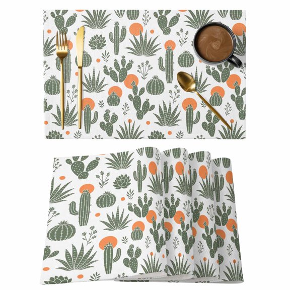 Green Cactus Leaves Boho Style Placemats Set of 6,Wipeable Washable Table Mats for Dining Tables, Summer Tropical Plants Place Mats for Kitchen Event Party Tabletop Decor