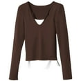 thumbnail image 4 of FYDUU Womens T Shirts Fashion Style Contrast Color Long Sleeve Slim Fit T Shirt Faux Two Piece Top Casual Outing Daily Wear Tees Stylish Blouses, 4 of 4