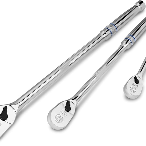 3-Piece Extra Long Drive Ratchet Handle, 1/4", 3/8", 1/2" 90-Tooth Ratchet Wrench with Dust Proof Teardrop Enclosed Head, Reversible, CR-V Steel Made, CR-MO Head, Full Polished