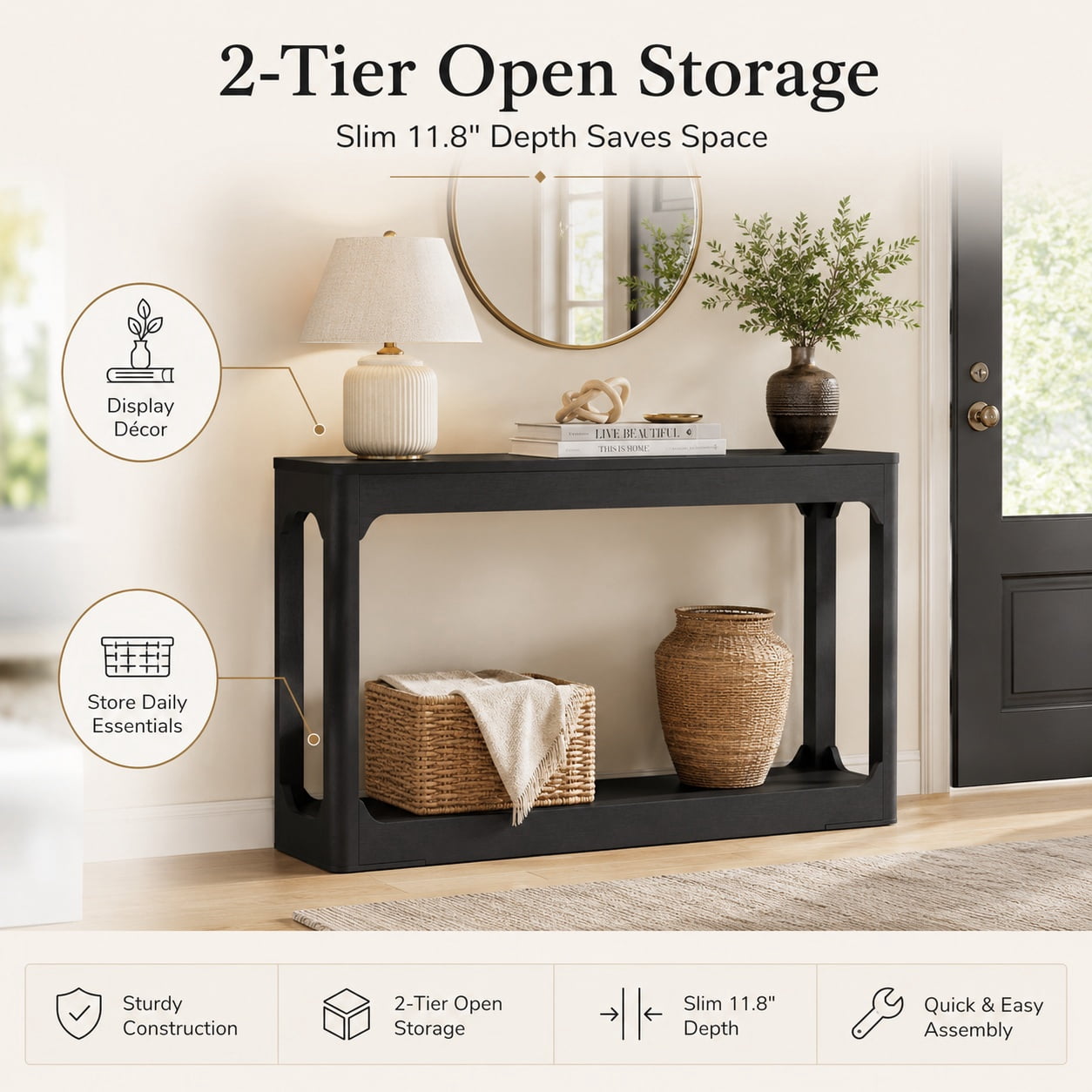Aukfa 55.1" Wood Console Table, Narrow Sofa Table with 2-Tier Open Shelf for Entryway Hallway Living Room,Black