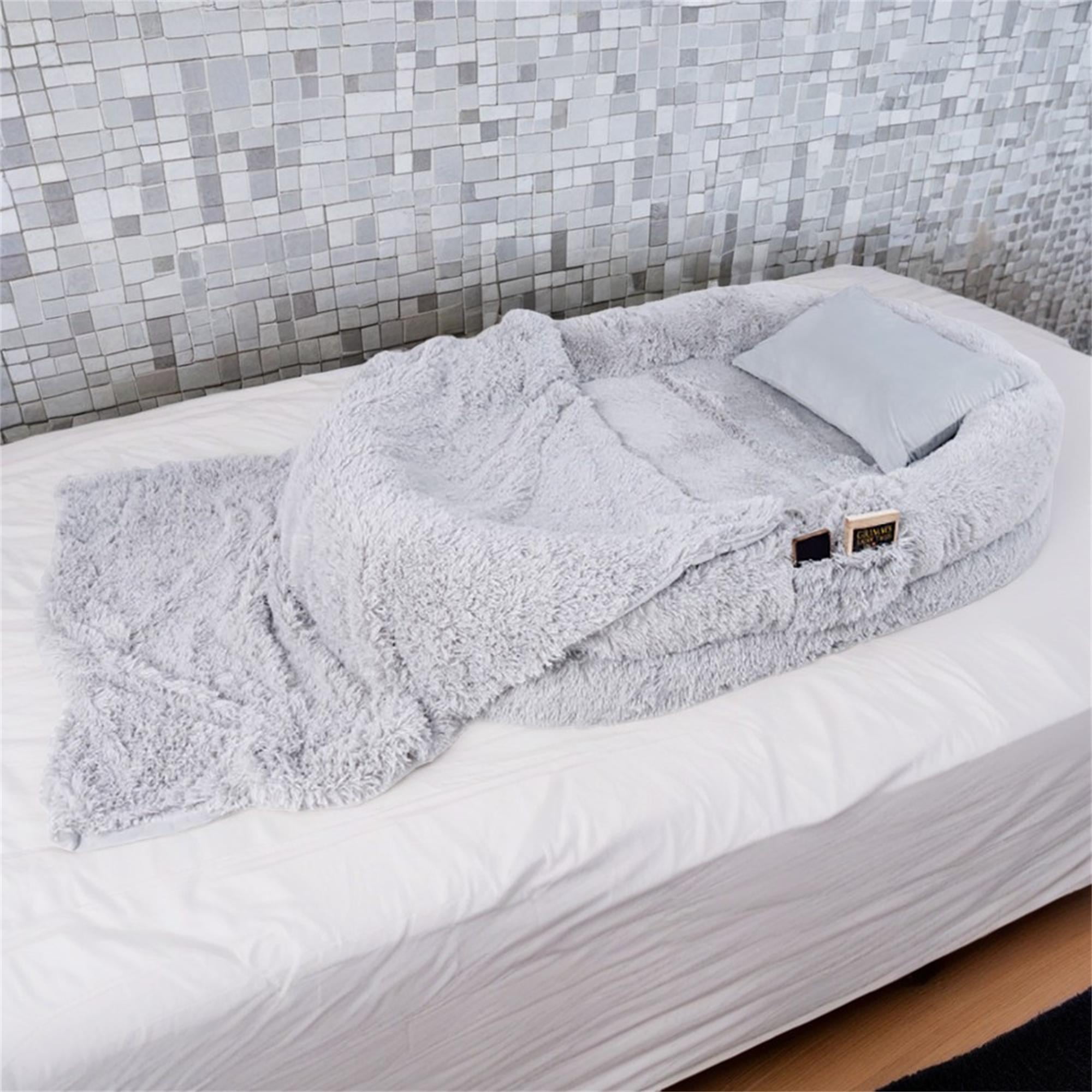 resenkos 68" Large Plush Dog Sofa with Soft Blanket and Plump Pillow, Stylish Washable Fluffy Human Dog Bed Pet Couch Furniture, Gray