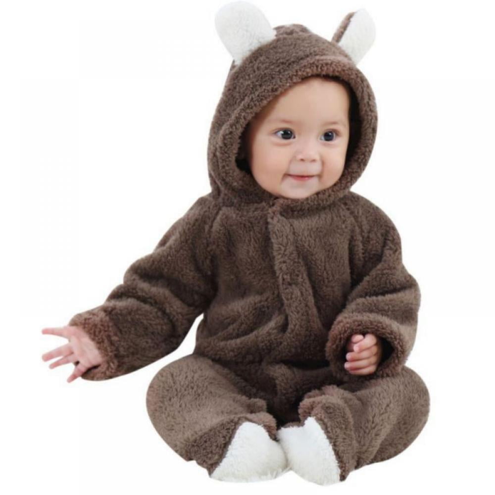 Kids Baby Boy Warm coral fleece Infant Romper Jumpsuit Bodysuit Hooded Clothes 