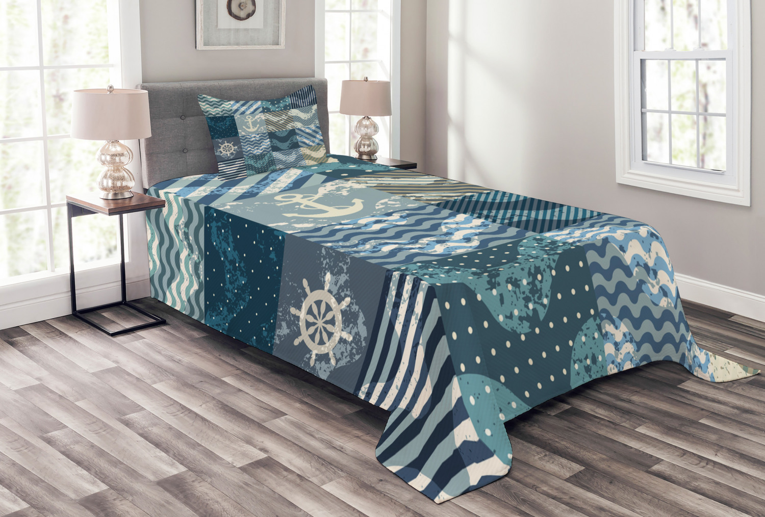 Nautical Bedspread Set, Marine Theme Wave Patterns in Patchwork Style