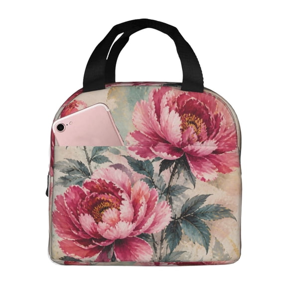 Peony Floral Lunch Bag Reusable Thermal Lunch Box with Handle for Women and Men