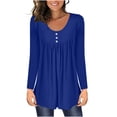 thumbnail image 1 of Kovlvoll Tops for Women Long Sleeve Round Neck Button Pleated Casual Comfy Solid Color Fall Base Shirts, 1 of 6