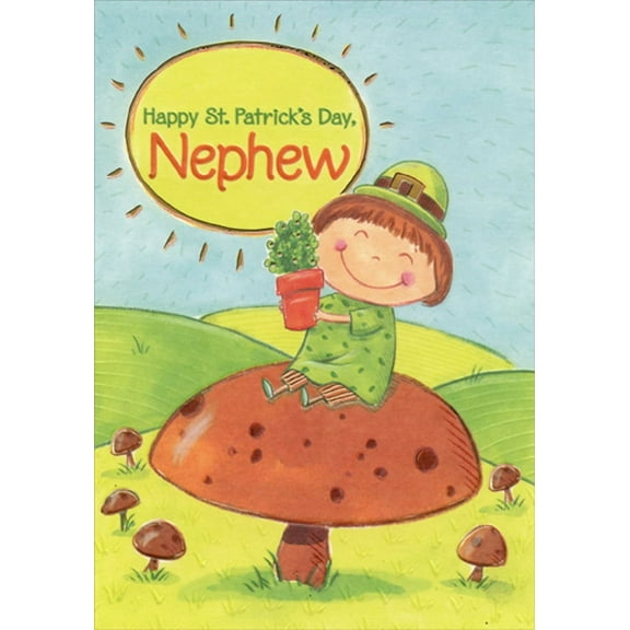 Designer Greetings Boy Sitting on Large Toadstool Juvenile St. Patrick's Day Card for Nephew