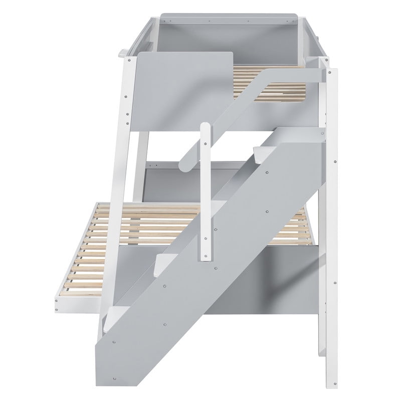 Twin over Full Bunk Bed with Striped-Design Staircase, Kids Teens Wooden Storage Bed Frame with Side Shelves