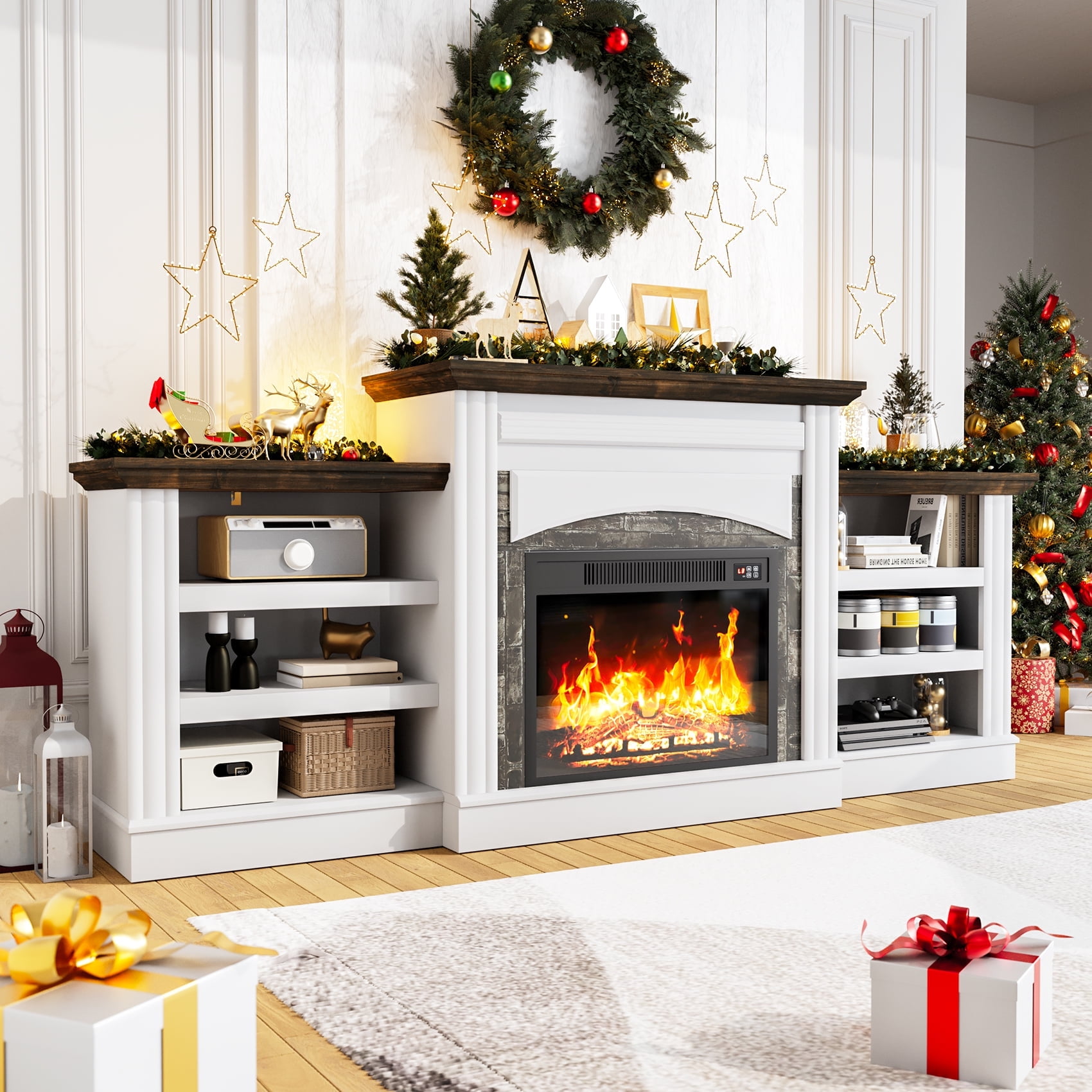 Winkalon 72" Fireplace TV Stand for 75 inch 80 inch TV, Electric Fireplace with Mantel, Farmhouse Entertainment Center with 23" Electric Fireplace, White Brown