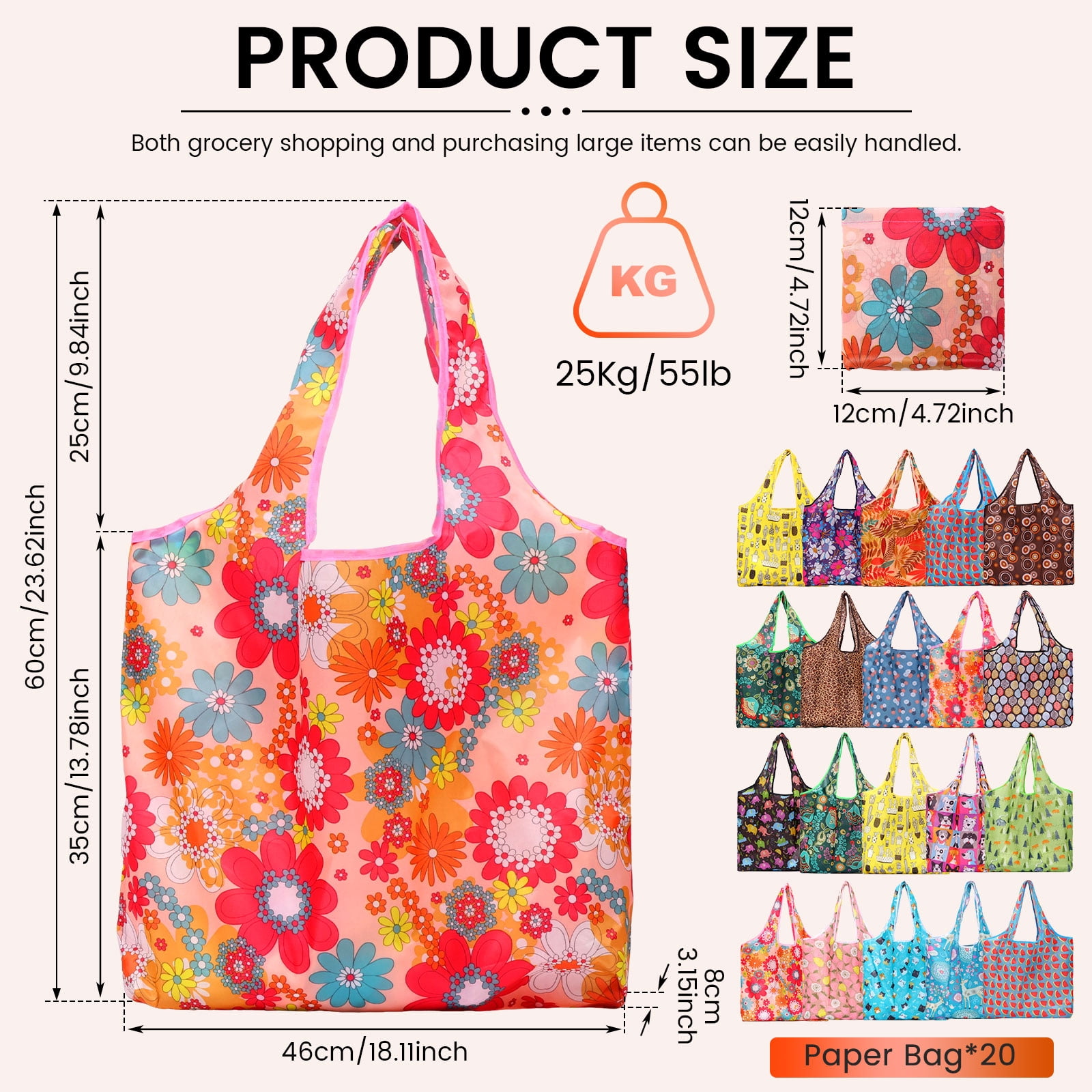 NUAHRHY 20Pcs Reusable Grocery Bags, 55Lbs Foldable Shopping Bag, Large Nanobag Cute Tote for Daily Shopping, Waterproof and Machine Washable Bulk Market Cloth Storage Bags