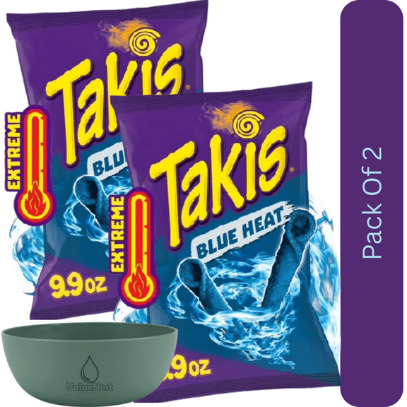 Takis Blue Heat Spicy Rolled Tortilla Chips, Hot Chili Pepper Crunch, 9.9 oz Sharing Size Bag With Olive Green Bowl By ValueNest